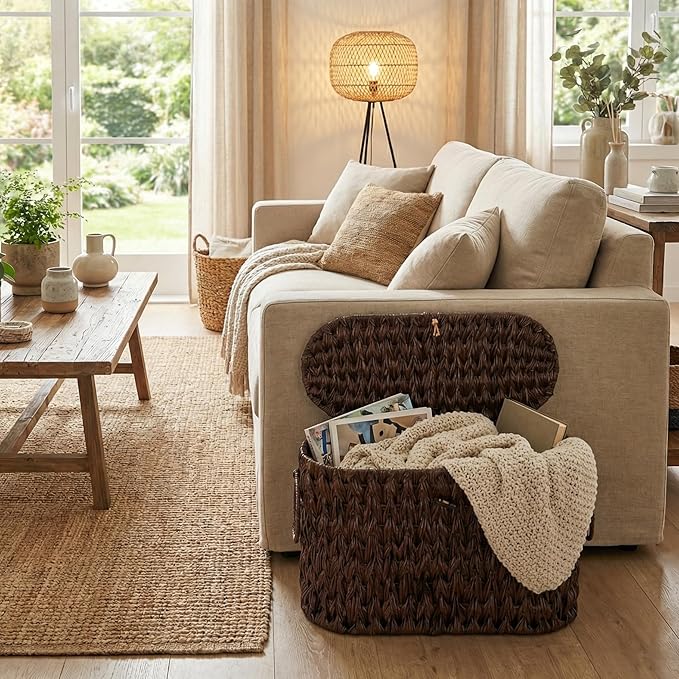 Coeusy Toilet Paper Basket with Lid, Water Hyacinth Wicker Basket for Bathroom Organizers and Storage, Holds Up to 6 Mega Rolls, Decorative Hand-Woven Rattan Bathroom Decor Accessories, Brown