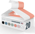 Neaties Plastic Hangers 20 Pack - Made in the USA - 6lb Capacity Standard Clothes Hangers with Strap Hooks for Dresses, Lingerie, Shirts, Pants, and Jackets - White & Peach