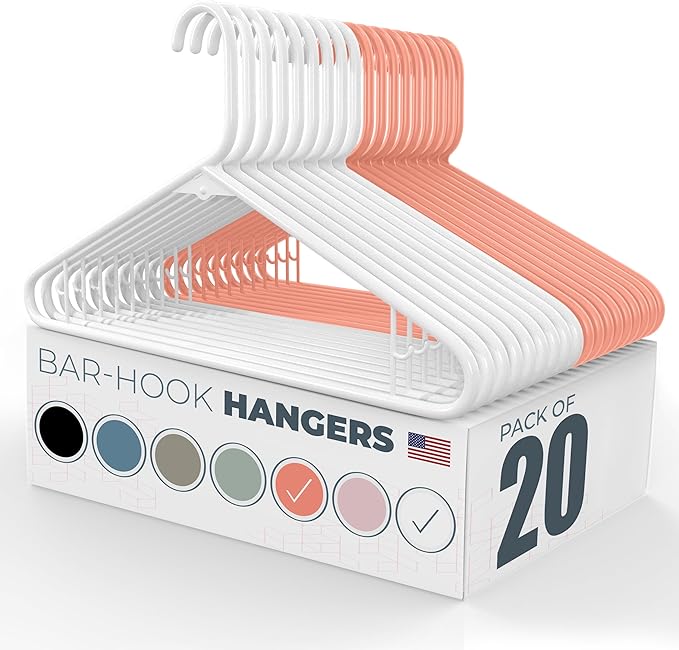 Neaties Plastic Hangers 20 Pack - Made in the USA - 6lb Capacity Standard Clothes Hangers with Strap Hooks for Dresses, Lingerie, Shirts, Pants, and Jackets - White & Peach