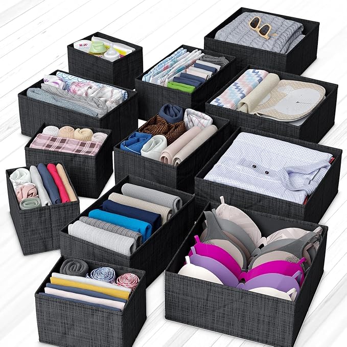 Drawer Organizer Clothes Set of 12 Black - Dresser Organizer For Nursery, Bedroom, Closet - Perfect Baby Clothes Organizer and Storage & General Nursery Organization or Dresser Drawer Organizers