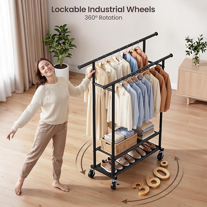 Clothes Rack, Double Rods Rolling Clothing Rack for Hanging Clothes Closet Rack with Wheels, Metal Portable Garment Rack with Double Shelves for Bedroom Laundry Living Room, Black