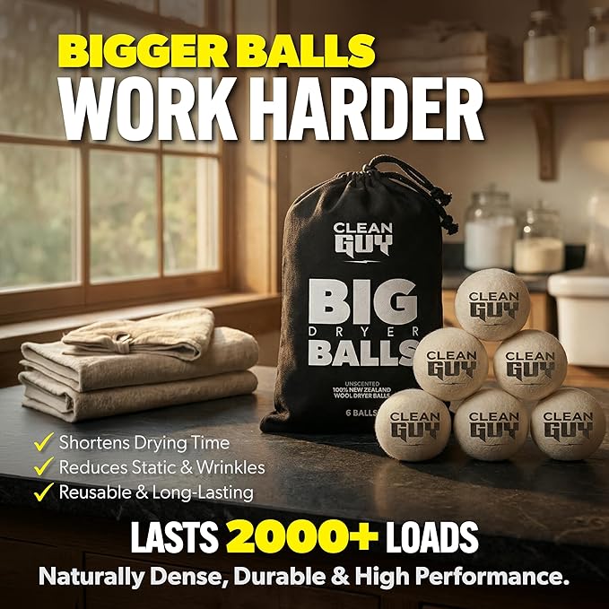 Wool Dryer Balls XL 6-Pack– Natural Fabric Softener, Reusable Laundry Dryer Balls –Reduce Drying Time, Static & Wrinkles– Hypoallergenic, Chemical Free Dryer Sheet Alternative, Eco-Friendly