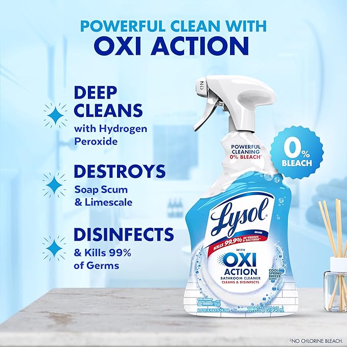 LYSOL Bathroom Cleaner Spray with OXI Action (Hydrogen Peroxide), 0% Bleach Formula, Multipurpose Disinfecting Cleaner for Tub, Tile & Shower, Removes Soap Scum & Limescale, Spring Breeze Scent, 32oz