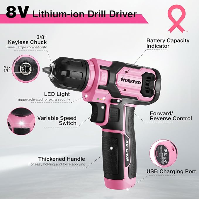 WORKPRO Pink Cordless Drill Set, 8V Impact Drill Driver with 53pcs Bit Set, 2.0Ah Electric Power Drill Kit with 3/8" Keyless Chuck and Variable Speed Trigger, Portable for DIY- Pink Ribbon