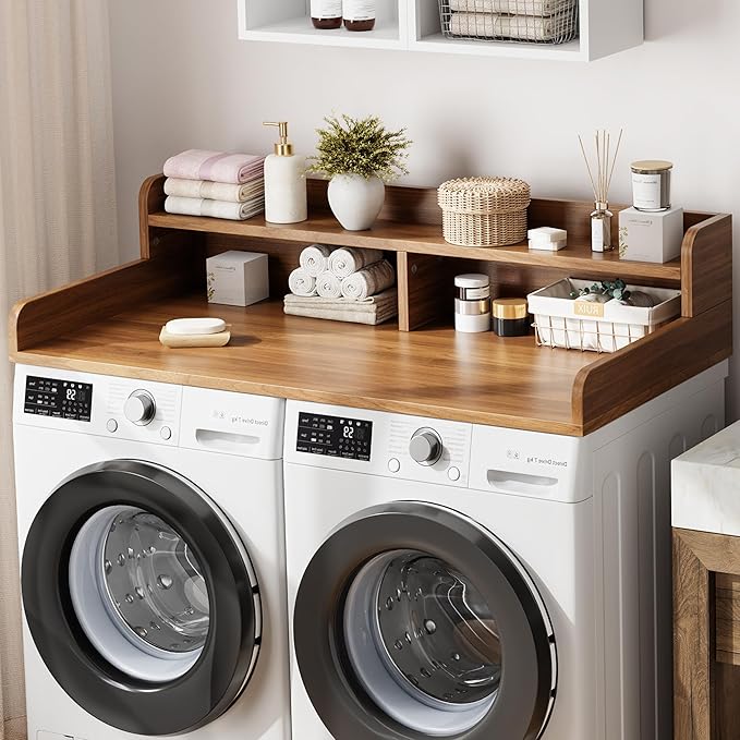 Garvee 54" Washer Dryer Countertop with 2-Tier Shelf, Wooden Laundry Countertop with Non-Slip Pad and Guard Rails, Washer and Dryer Topper for Laundry Room Organization