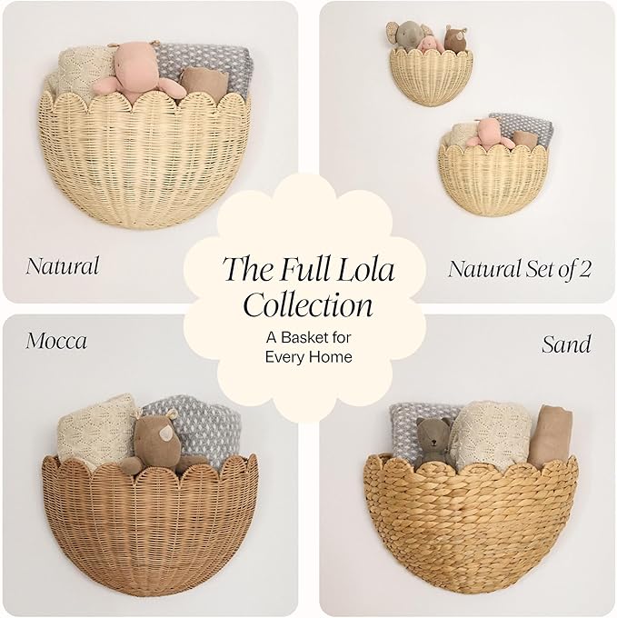 BEBE BASK The Original Scalloped Wicker Wall Basket – Set of 2 – Handwoven Scalloped Wall Baskets (16 x 10 x 7 in), Woven Rattan Wall Hanging Baskets - Natural Scalloped Basket