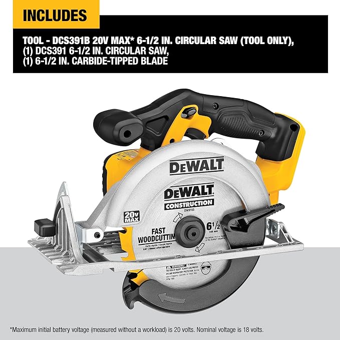 DEWALT 20V MAX Circular Saw, Cordless Sidewinder Style Portable, 6-1/2-Inch Blade, 5150 RPM, 0-50 Degree Bevel Capability, Battery Not Included (DCS391B)