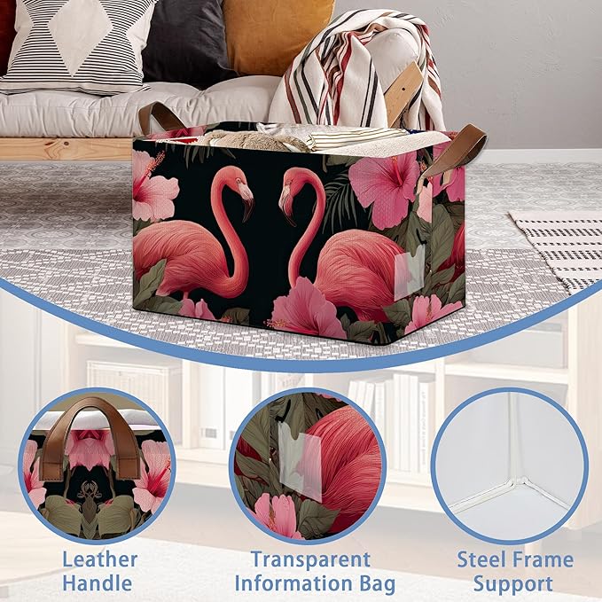 Flamingo Storage Basket,Hibiscus Collapsible Storage Bin Cubes for Living Room Bedroom Blankets Home Storage 17x11.5x10Inch