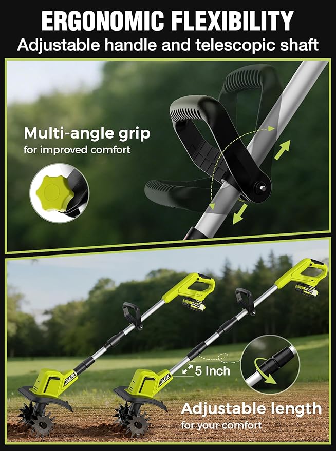 21V Cordless Tiller Cultivator, 400RPM Electric Rototiller with 48 Steel Tines, 4.0Ah Battery & Fast Charger, 8-inch Width 6-inch Depth Garden Tiller, Tiller for Gardening and Soil - Green