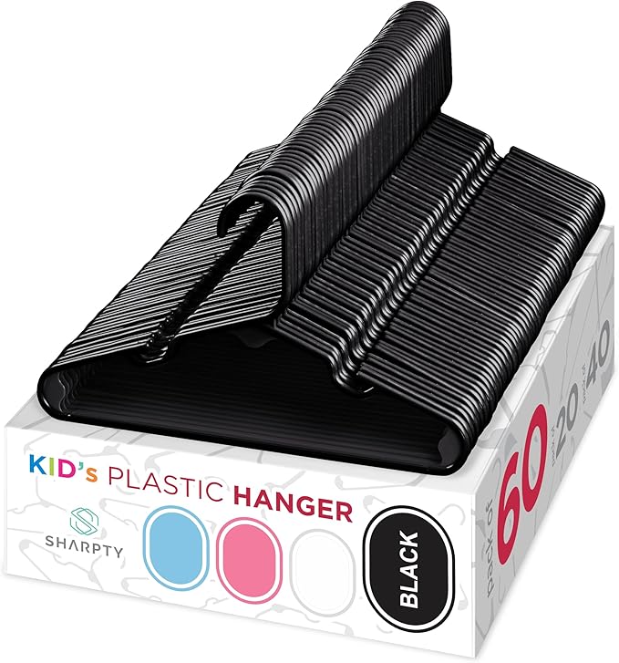 Sharpty Kids Plastic Hangers, Children's Hangers for Baby, Toddler, and Child Clothes - Everyday Standard Use - Ideal for Boys and Girls Closet, Clothing, Pants, Coats, and More - Black, 60 Pack
