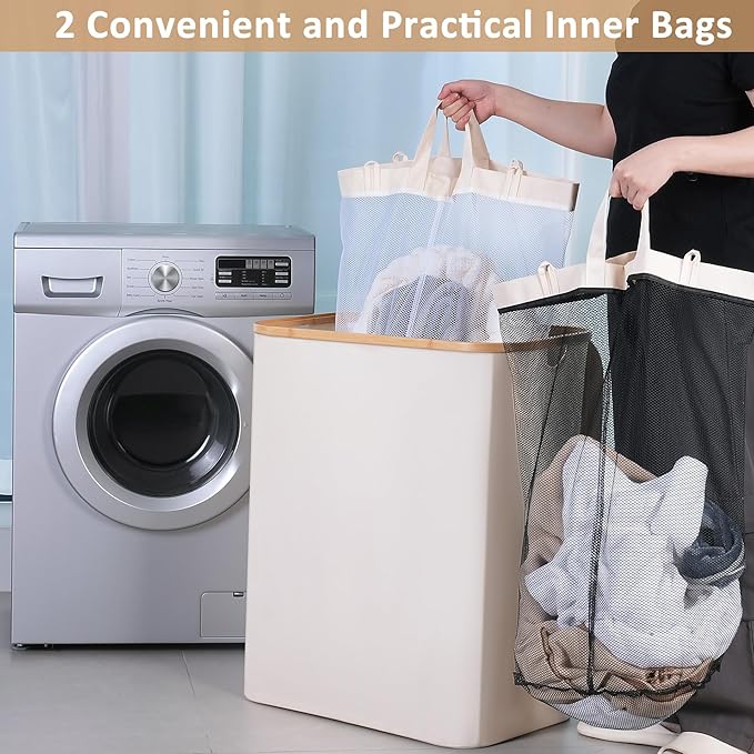 iEGrow 150L Laundry Basket with Lid, Large Laundry Hamper with Bamboo Handle, Collapsible Dirty Clothes Hamper Organizer with 2 Removable Inner Bags for Clothes Toys Towels - Beige