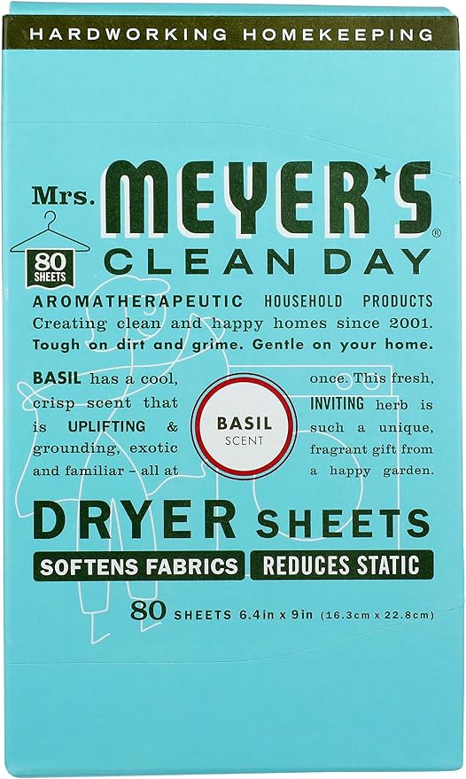 MRS. MEYER'S CLEAN DAY Dryer Sheets, Fabric Softener, Reduces Static, Infused with Essential Oils, Basil, 80 Count