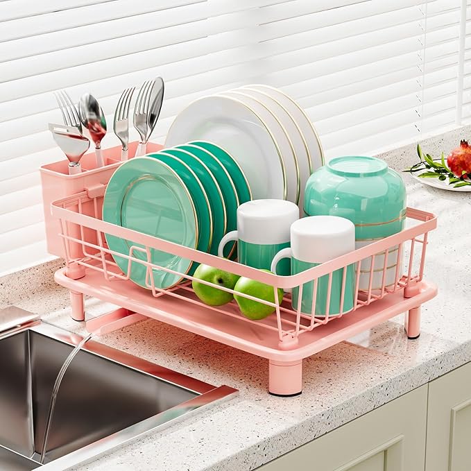 GAOKASE Dish Drying Rack, Stainless Steel-Dish Rack, Dish Racks for Kitchen Counter, Kitchen Dish Drainers with Removable Utensil Holder,New Drain Outlet,Plate Rack and Drainboard,(Pink-11 W x 15" L)