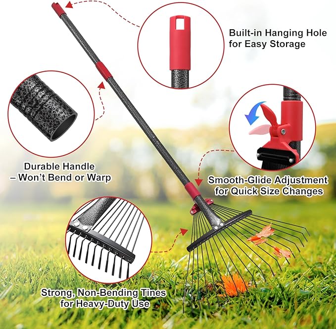 Collapsible Rake for Leaves - 70" Adjustable Long Handle Yard Rake, Expandable Metal Steel Head (8”-17”), Garden Leaf Rakes for Gardening Beds, Lawn,Narrow Shrub,Pine Needle,Outdoor Camping