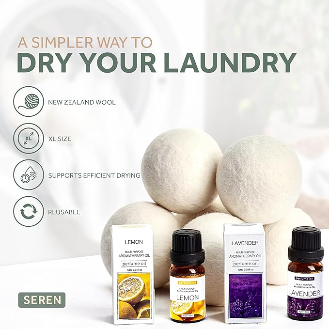 SEREN Wool Dryer Balls 6 Pack XL with Lavender Lemon Essential Oils - Organic New Zealand Wool, Natural Fabric Softener Alternative Reduces Static Wrinkles, Chemical-Free Reusable Eco-Friendly