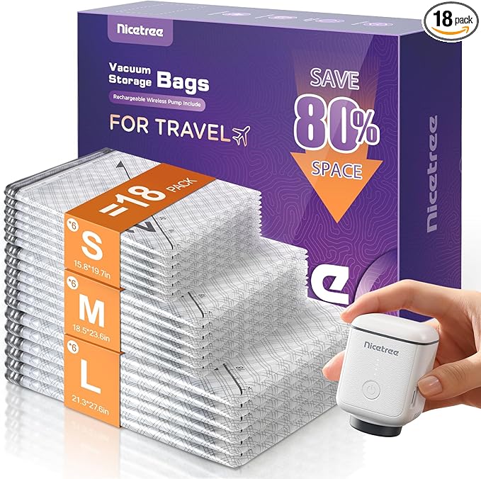 Nicetree 18-Pack Vacuum Seal Bags with Rechargeable Wireless Pump | 3 Sizes (20/24/28 Inch) Travel Vacuum Storage Bags for Clothing, Bedding & Seasonal Storage | Space Saver for Luggage
