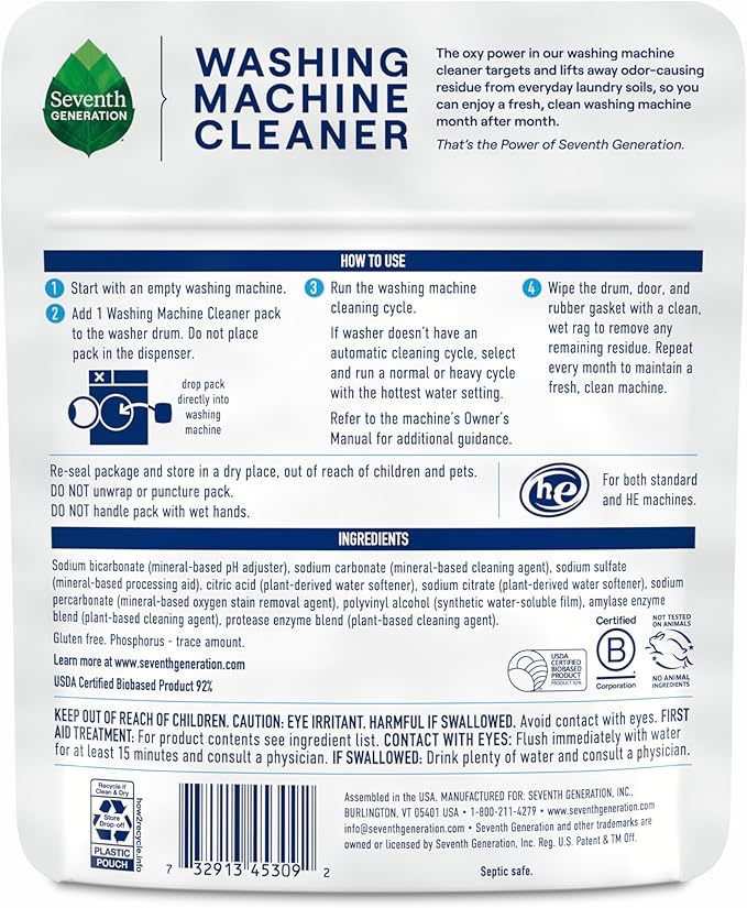 Seventh Generation Washing Machine Cleaner Free & Clear Targets Odor-Causing Residue Powered by Oxy Power 4.2 oz,6 Count (Pack of 2)