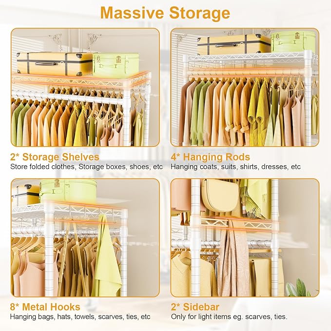 ULIFHOME P4 Rolling Clothes Rack Heavy Duty, Clothing Racks for Hanging Clothes, Freestanding Garment Racks with Wheels, Metal Portable Closet Rack 35.5''W × 20.5''D × 80.5''H, Max Load 560Lbs, White