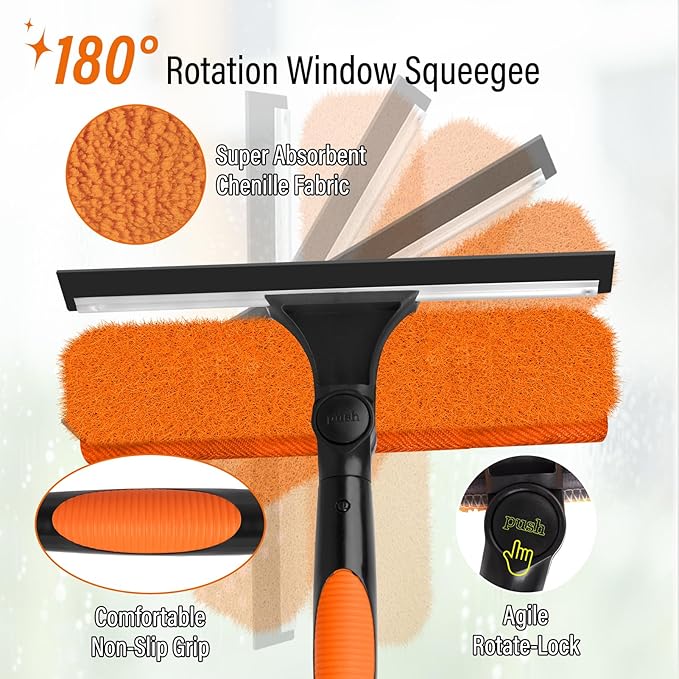 26FT High Window Cleaning Kit with Pole,2 in 1 Window Squeegee,5-20FT Professional Window Clean Pole Kit(2 Squeegee & 2 Microfibre Cloths),180°Rotatable Squeegee for Indoor/Outdoor High Windows