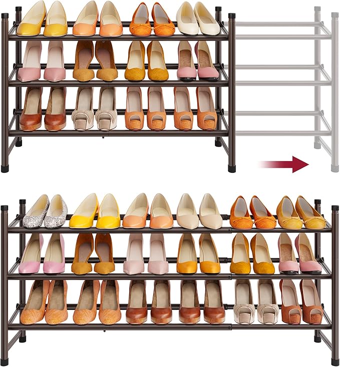 Tajsoon 3 Tier Expandable Shoe Rack for Closet, 28“-41“Adjustable & Stackable Shoe Shelf Storage, Metal Shoe Rack Organizer for Front Door Entrance, Closet, Garage, Entryway, Bronze