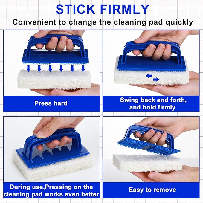 Maxdot 18 Pcs Handled Bath Scrubber Set, 15 Bathroom Scouring Pad 3 Bathtub Scrubber with Handle Non Scratch Soap Scum Remover for Cleaning Sink Shower Tile Swimming Pool Step Corner(Blue and White)