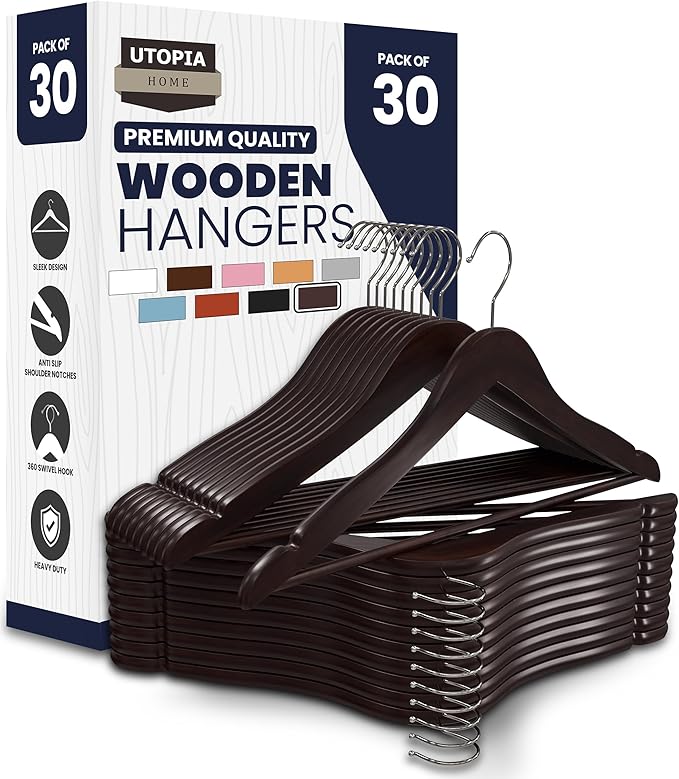Utopia Home Premium Wooden Hangers 30 Pack - Durable & Slim Coat Hanger - Suit Hanger with 360-Degree Rotatable Hook - Wood Hangers with Shoulder Grooves (Brown)