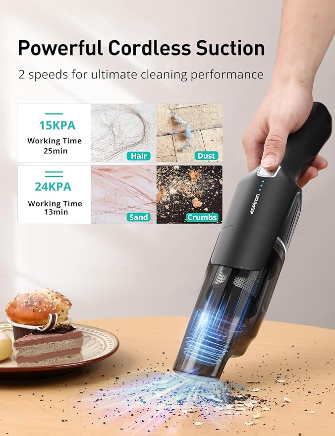 Aspiron Cordless Handheld Vacuum, 24KPA Powerful Car Vacuum, 2-Speed, 2 Charging Methods, Wireless Charger, Ergonomic Handle, Portable Rechargeable Vacuum Cleaner for Car, Home, Black Silver