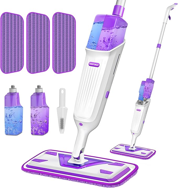 Double Bottle Spray Mop Series - Enspoway Dust Floor Mop with Washable Pads x3 for Wet Dry Home Bathroom Office Commercial for Hardwood Laminate Wood Marble Tiles Ceramic Floor Cleaning