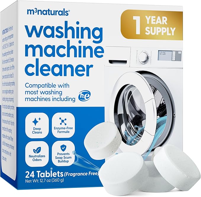 M3 Naturals Washing Machine Cleaner Tablets - Oxygen Based HE Top & Front Load Washer Cleaner and Deodorizer Compatible with LG Whirlpool & Most Major Brands - Removes Residue (1 Year Supply)