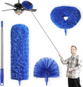 Microfiber Duster for High Ceiling Fan Blades, Cobweb with Extension Pole Adjusts 15-82 Inch, Reusable Cleaning Duster Kit with 3 Duster Heads for Wall Blinds Door Furniture Bookshelves (Blue)