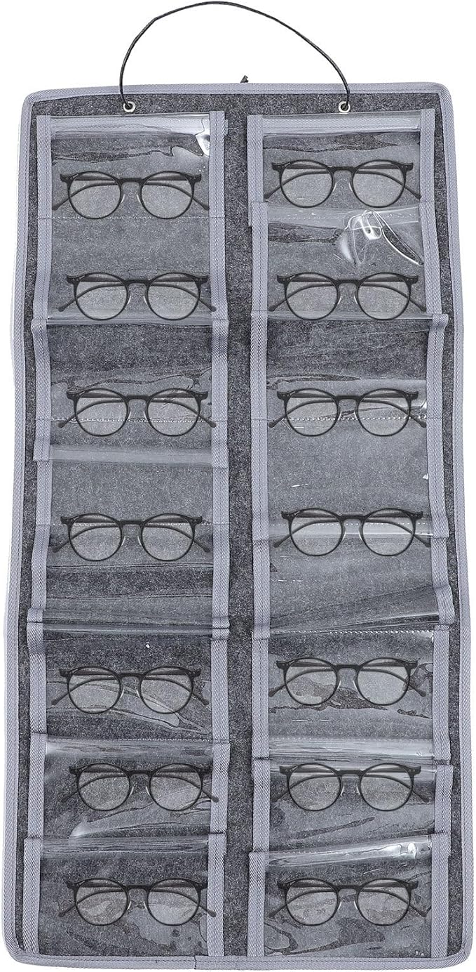 VICASKY Wall Hanging Eyewear Organizer Pouch, Medium Gray Felt Dustproof Glasses Storage Bag with Hanging Hook for Household Use