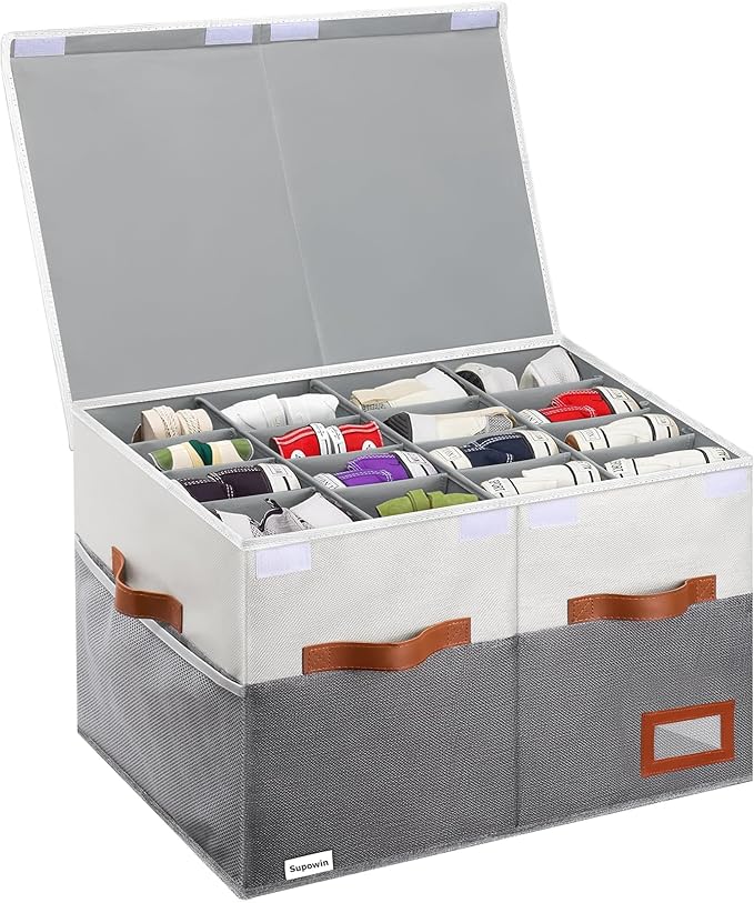 Supowin Shoe Organizer for Closet, Foldable Shoe Storage Bins with Lid & Adjustable Dividers, Fabric Shoe Box Storage Containers with Four Reinforced Handles, Fits 16 Pairs, 1 Pack, Grey