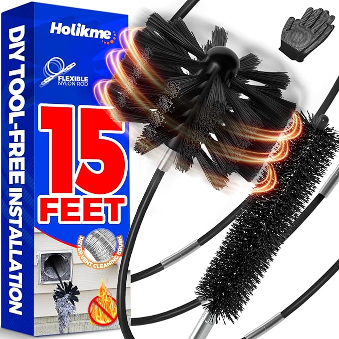 Holikme 15 Feet Dryer Vent Cleaner Kit, Lint Remover, Extends Up to 15 Feet, Synthetic Brush Head, Use with or Without a Power Drill,Black