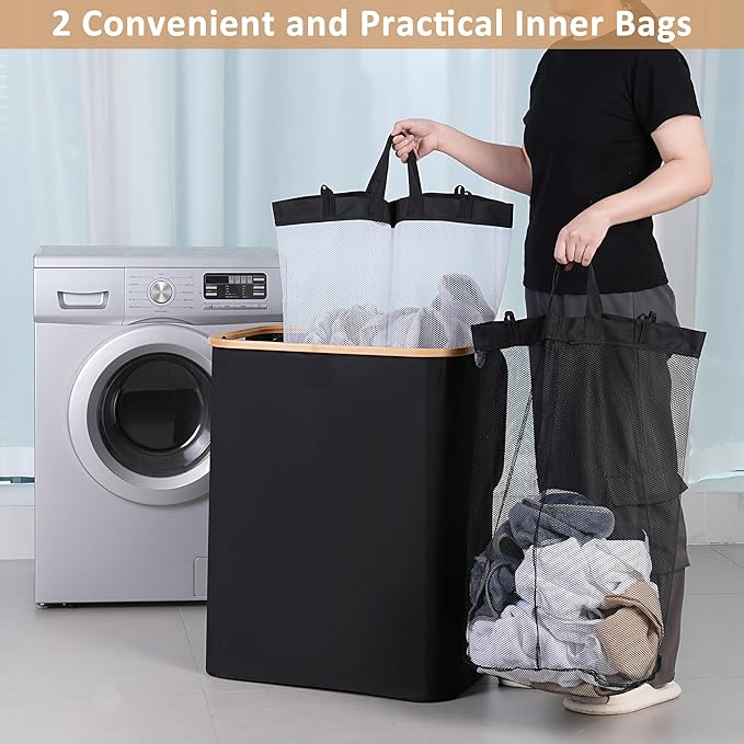 iEGrow 150L Laundry Basket with Lid,Large Laundry Hamper with Bamboo Handles, Hampers for Laundry, Dirty Clothes Hamper with 2 Removable Inner Bags for Clothes Toys Towels,Black