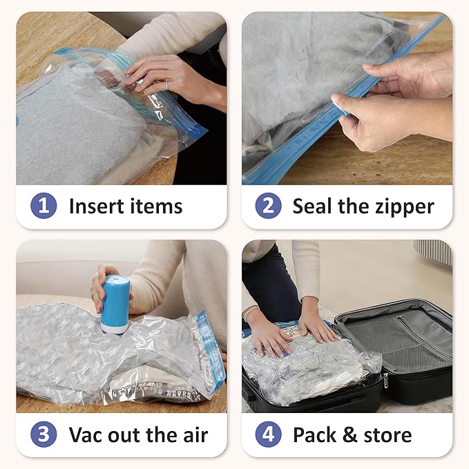 Cozy Essential Travel Vacuum Storage Bags with Rechargeable Cordless USB Pump, Space Saver Bags for Luggage, Suitcase, Carry-On, for Clothes, Blankets, Bedding & Seasonal Storage,15 Combo