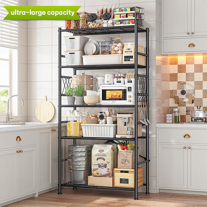 5-Storage Shelves Wire Shelving with Hooks, Metal Shelving Units Shelf Organizer, Wobble-Free Storage Rack with Adjustable Leveling Feet for Kitchen Pantry Laundry Bathroom Dorm,12"D x 30"W x 72"H