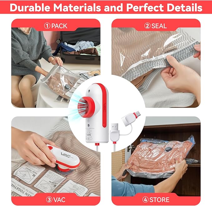 Travel Vacuum Bags with USB & TYPE C Pump,9 Pack Carry-On Size Vacuum Storage Bags for Luggage and Suitcase,Vacuum Luggage Bags,Space Saver for Clothes and Clothing Travel(Red)