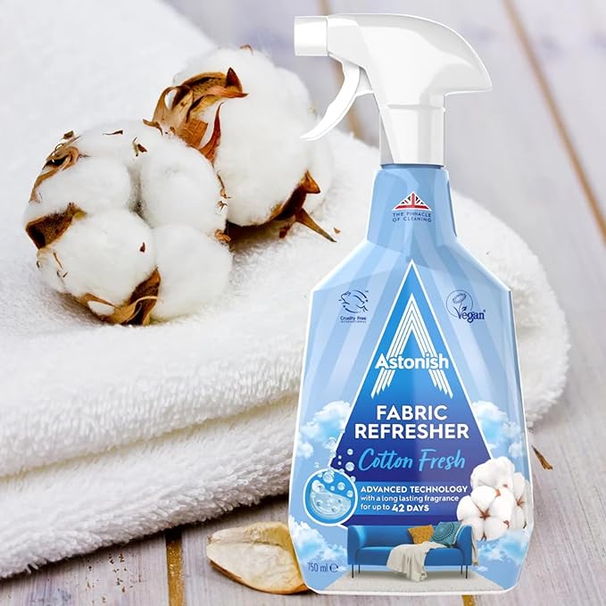 Astonish Fabric Refresher Cotton Fresh, 750ml Trigger Spray Bottle – Long-Lasting Odor Neutralizer for Curtains, Carpets & Upholstery – Encapsulated Fragrance Technology for Up to 100 Days Freshness