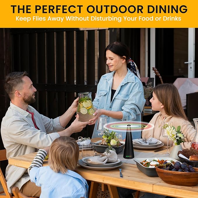 BUGGOFF Black Fly & Flying Insect Repellent Fan with Twin Blades, Table top & Hangable, Battery Powered USB C Chargeable, Cable Included. Safe Blades with Auto Stop. 4 Pack