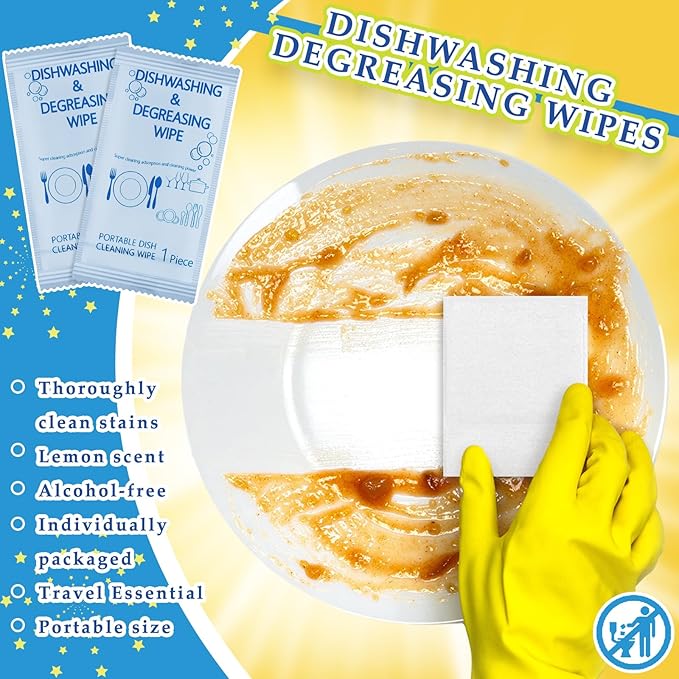 Tondiamo 150 Pcs Travel Dish Soap Wipes Individually Wrapped Dish Cleaning Wipes Disposable Portable Cleaner with Lemon Scent for Camping Kitchen Outdoor Traveling Quick Clean