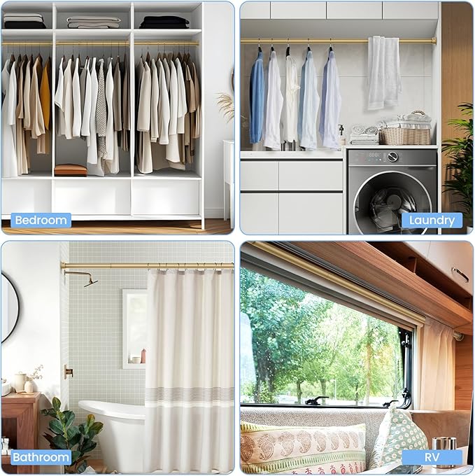 Closet Rods for Hanging Clothes, 17 to 69 Inch Heavy Duty Stepless Adjustable Closet Hanging Rod, 1.3 Inch Diameter Metal Closet Rod for Wardrobes Laundry Bedroom RV, Gold