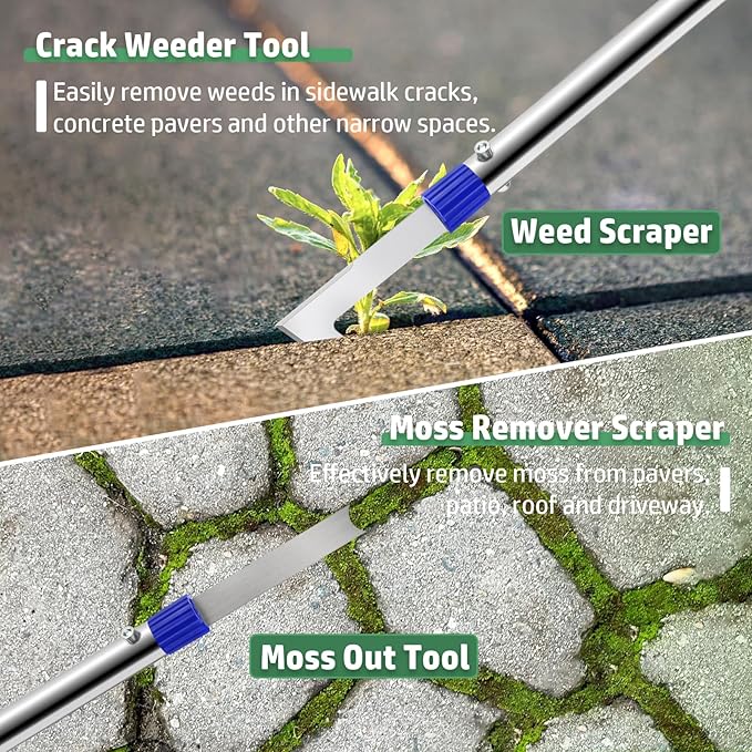 Crack Weeder Tool Long Handle, 60" Garden Tool for Weeding Between Pavers, 3 in 1 Hand Weed Scraper and Weed Brush Set, Manual Crevice Weed Remover Tools for Paver, Sidewalk, Driveway Crack, Patio
