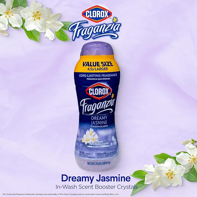 Clorox Fraganzia Laundry Scent Booster Crystals, In-Wash Fragrance Beads for Fresh-Smelling Clothes & Linens, Safe for All Fabrics & Colors, Easy-Pour Bottle, Dreamy Jasmine Scent, 70 Oz