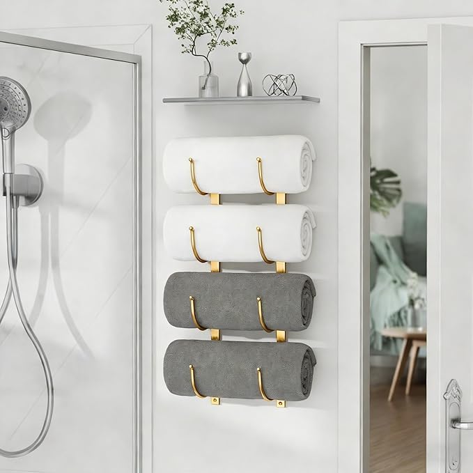 Rolled Towel Rack for Bathroom– 4-Tier Rolled Towel Storage Holder,Metal Organizer for Towels & Large Bath Sheets, Space Saving Rack for Small Bathroom, RV, Camper, Closet, Gold Metal