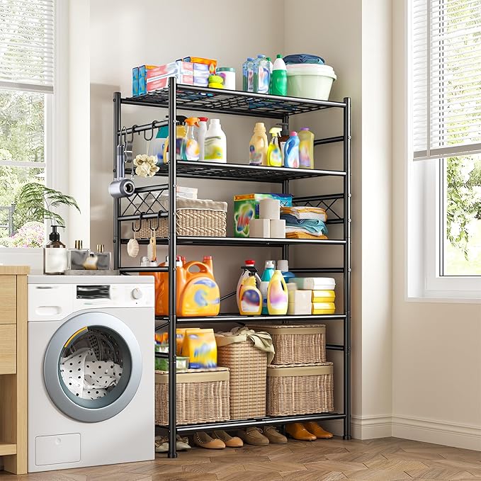 Storage Shelves 5-Tier Large Capacity Wire Shelving with Hooks, Heavy Duty Garage Shelving Unit with Leveling Feet, Stable Metal Shelf for Pantry, Kitchen and Closet, 72" H x 36" W x 12" D, Black