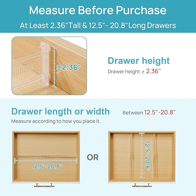 Vtopmart 4 Pack Shallow Drawer Dividers, 2.36" High 12.5"-20.8" Adjustable Expandable Kitchen Drawer Organizer, Clear Plastic Organizer Separators for Flatware, Utensil, Cutlery, Underwear, Clothes