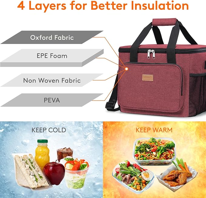Lifewit Large Lunch Bag, Insulated Lunch Box, Soft Cooler Cooling Tote for Adult Men Women, Burgundy 40-Can (24L)