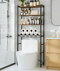 4-Tier Over-the-Toilet Storage Rack with One-Piece Wooden Shelves & Open Net Basket, Bathroom Organizer with Adjustable Feet & Anti-Tip Kit, Space-Saving Toilet Shelf, Brown, 24.4" x 9.4" x 69.3"