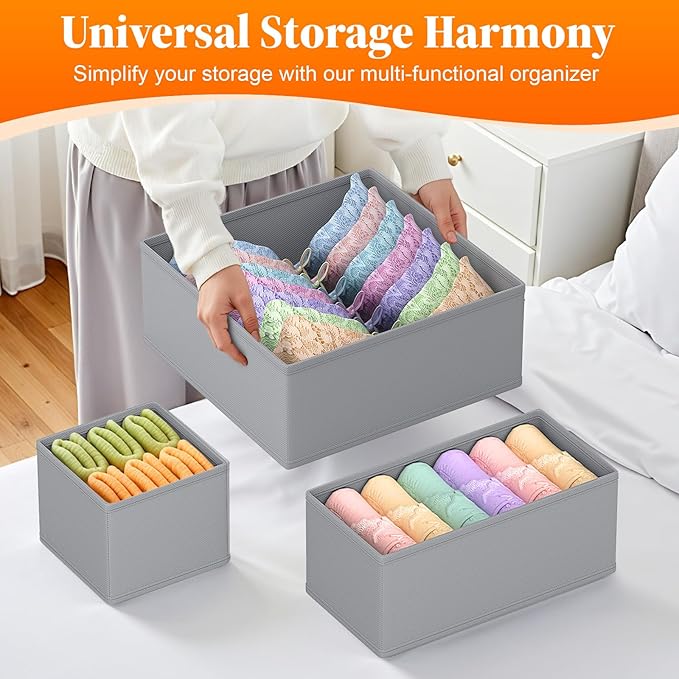 TasticTotes Drawer Organizer Clothes, 16 Pack Drawer Organizers and Underwear Organizer for Nursery, Dividers Clothes Organizer, Closet Organization and Foldable Storage Bins for Socks, Bra, Tie, Grey