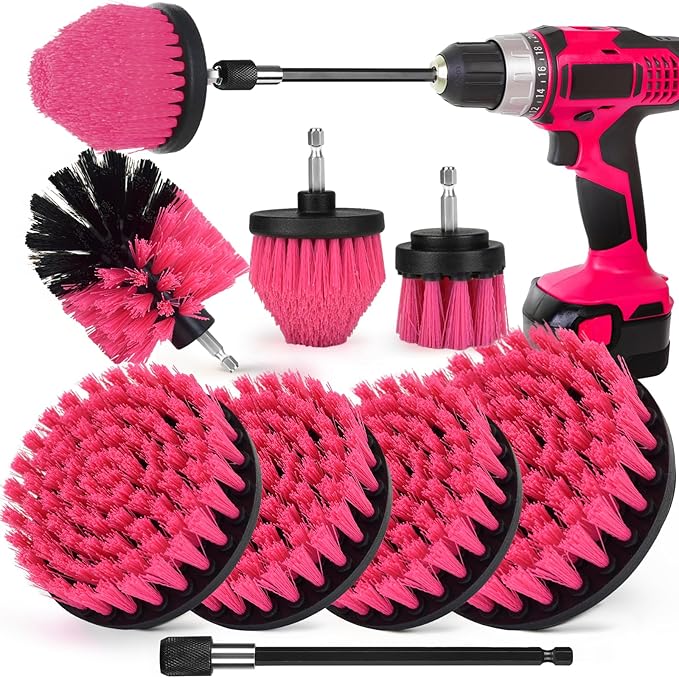 8 Pack Drill Brush Attachment Set, 1/4in Power Scrubber Brush + Extend Long Rod, Multi-Purpose Power Cleaning Scrub Brush for Bathroom, Tub, Tile, Corner, Floor(Hot Pink)